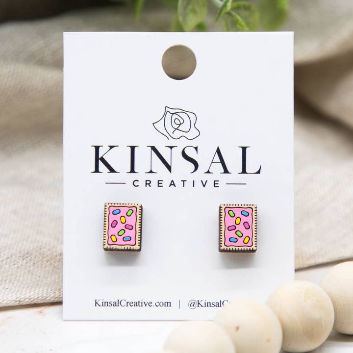 Toaster Pastry Wood Stud Earrings for wholesale by Kinsal Creative