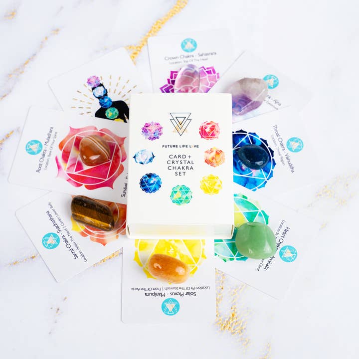 Chakra Card Set With 8 Cards and 7 Crystal Set White Box for wholesale on Faire20