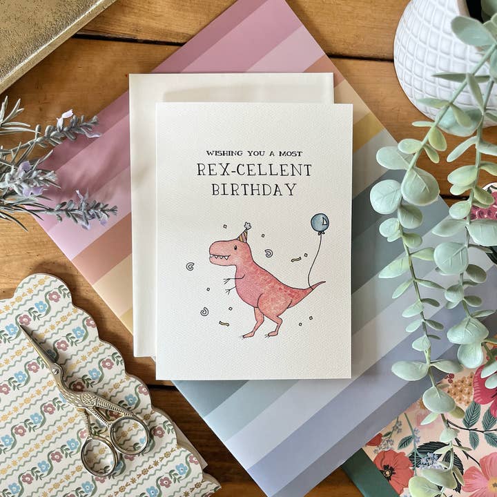 Birthday – Punny “Rex-cellent Birthday” Dino Greeting Card for wholesale by kenziecards