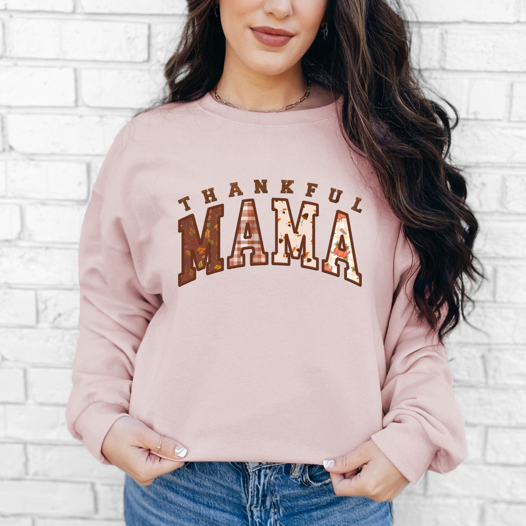 Scripted Pearl - Wholesale Sweatshirt - Women's - Thankful Mama Faux Embroidery Fall Crewneck Sweatshirt3