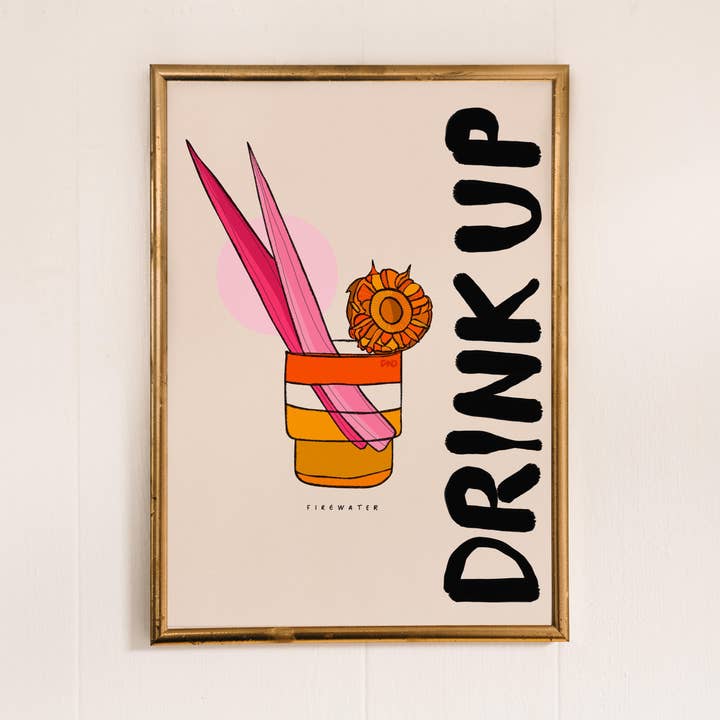 Drink Up Art Print, Cocktailprint, Handgetekende kunst voor wholesale door Freya Niamh