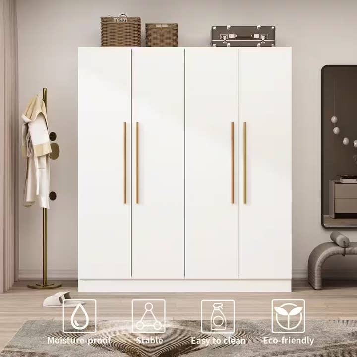 ShipItFurniture - Wholesale Bedroom Furniture - 1-Piece White Wood Armoires, Hanging Rod, Storage Shelves (70.9 In. H X 63 In. W X 19.7 In. D) Bedroom Set with 4-Door3