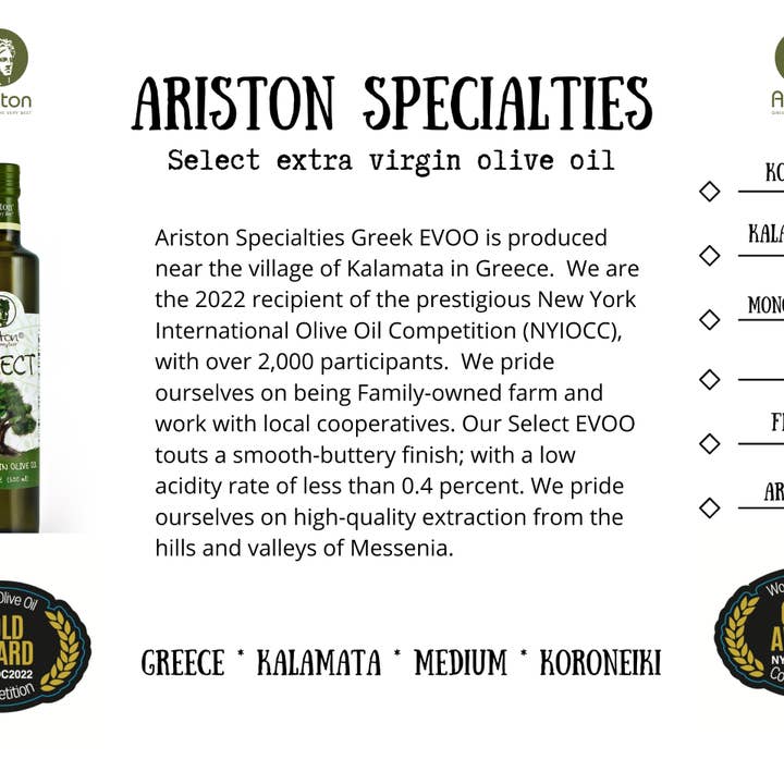 Ariston Specialties - Wholesale Olive oil - Ariston Select EVOO in a Cleopatra Bottle 8.45 oz2