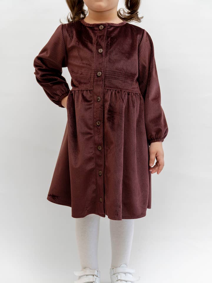 Cord Dress with Wooden Buttons for Girls in Aubergine, Honey for wholesale by SAIS Fashion
