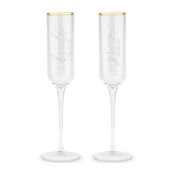 Weddingstar Inc. - Venta al por mayor Copas de champán - Copas de champán con borde dorado - Novia y novio0