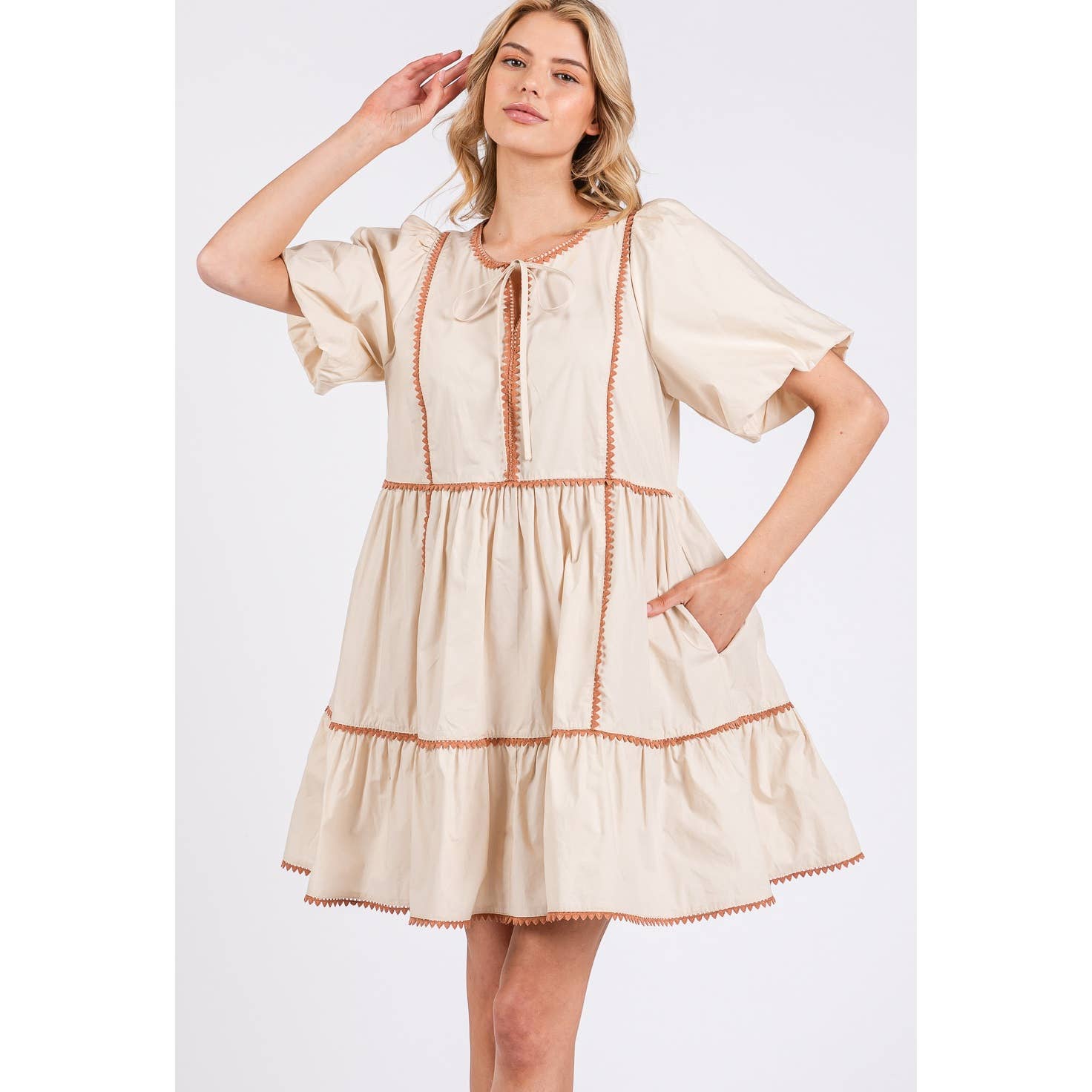 Beige RUSTIC TIERED PRAIRIE MINI DRESS (SD7694) for wholesale on Faire5