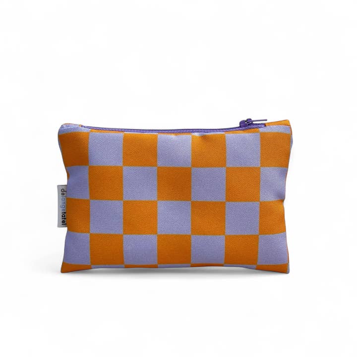 Pencil case small · Checked orange/lilac for wholesale by De Lange Tafel