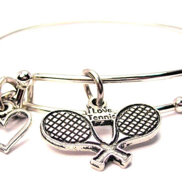 I Love Tennis Crossed Racquets Expandable Bangle Bracelet for wholesale by Chubby Chico Charms