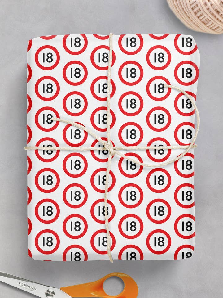 18 års fødselsdag gave wrap advarsel**Pakke med 2 ark foldet** for engroshandel hos Brainbox Candy