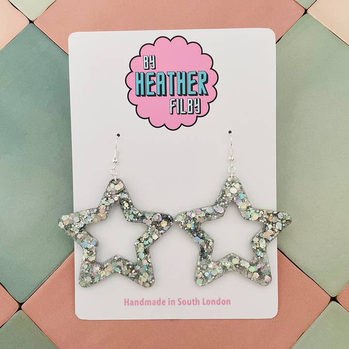 Silberne große Glitzerstern-Ohrringe für den Großhandel von By Heather Filby