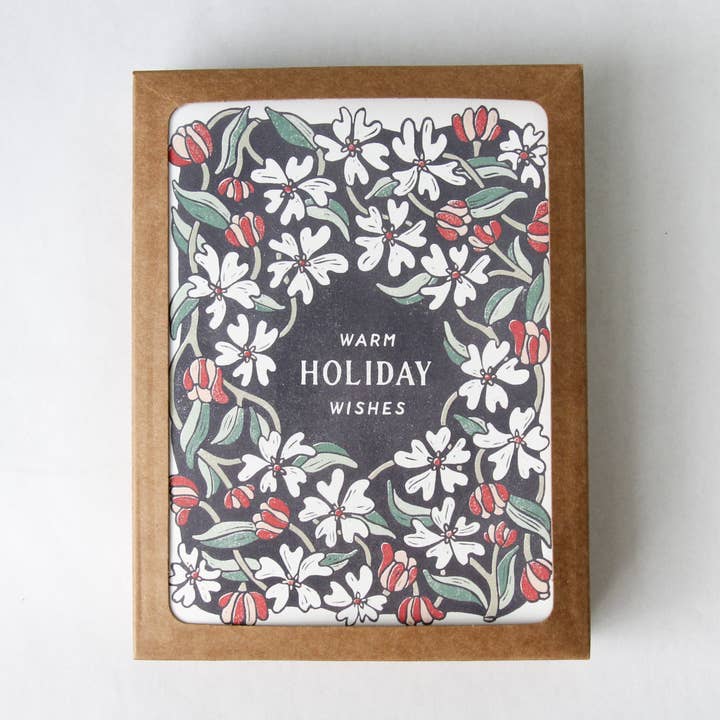 Warm Holiday Wishes - Set di 8 biglietti con motivo floreale invernale per la vendita all'ingrosso da parte di Root & Branch Paper Co.