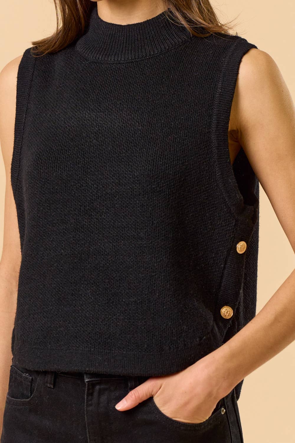Black ILT5791 Mock Neck Sleeveless Sweater Top with Gold Button for wholesale on Faire1