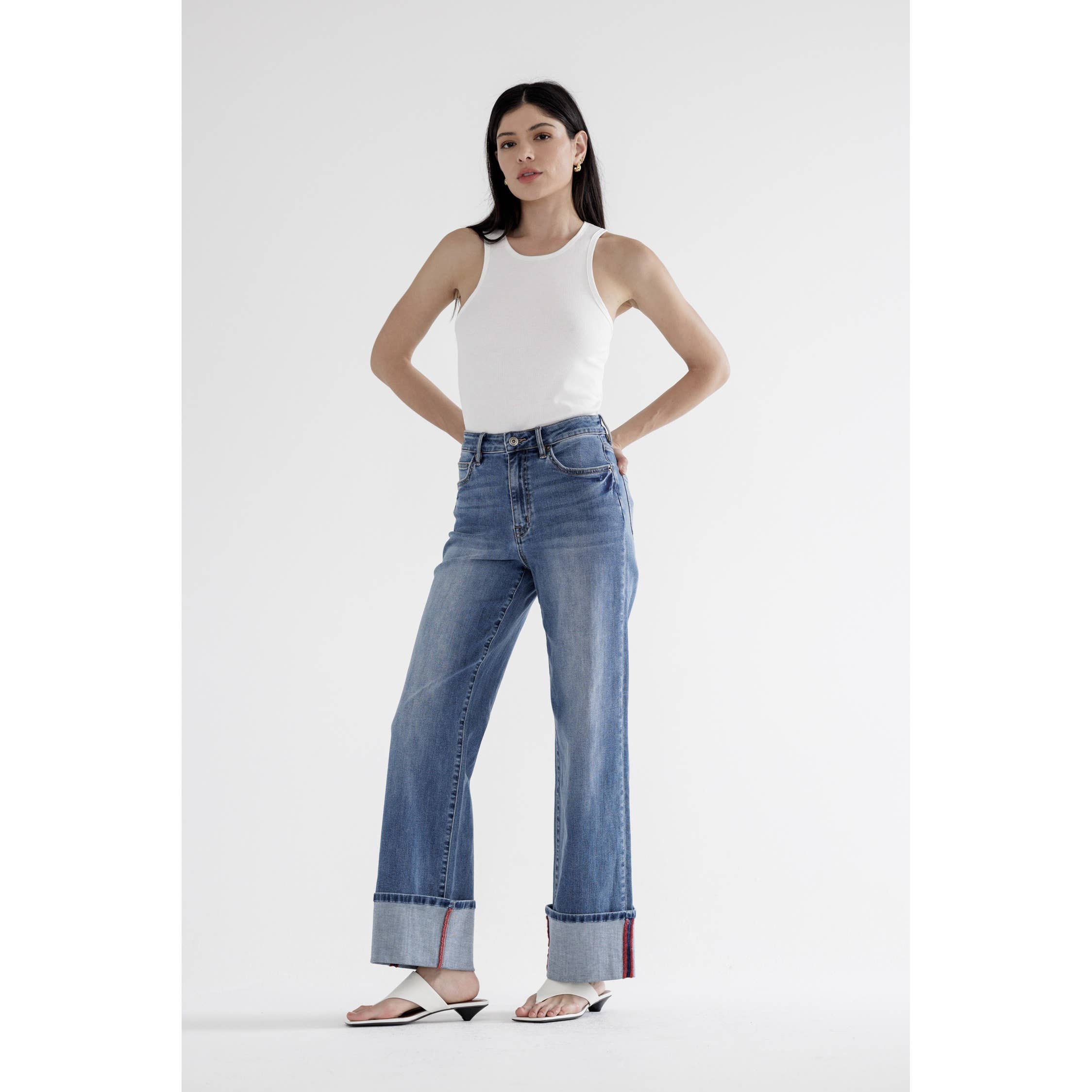 PORTO BLUE HIGH RISE WIDE LEG WITH CUFF HEM for wholesale on Faire3