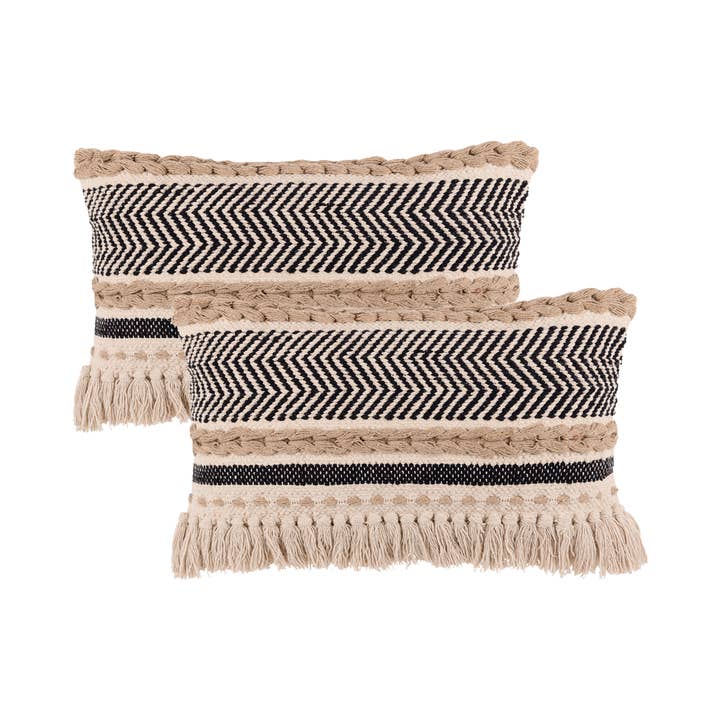 REDEARTH Boho Textured Throw Pillow Cushion Covers - Lumbar Woven Tufted Decorative Farmhouse Cases Set for Couch, Sofa, Bed, Chair, Dining, Patio, Outdoor; 100% Cotton (12"x20", Black) Pack of 2 for wholesale by REDEARTH