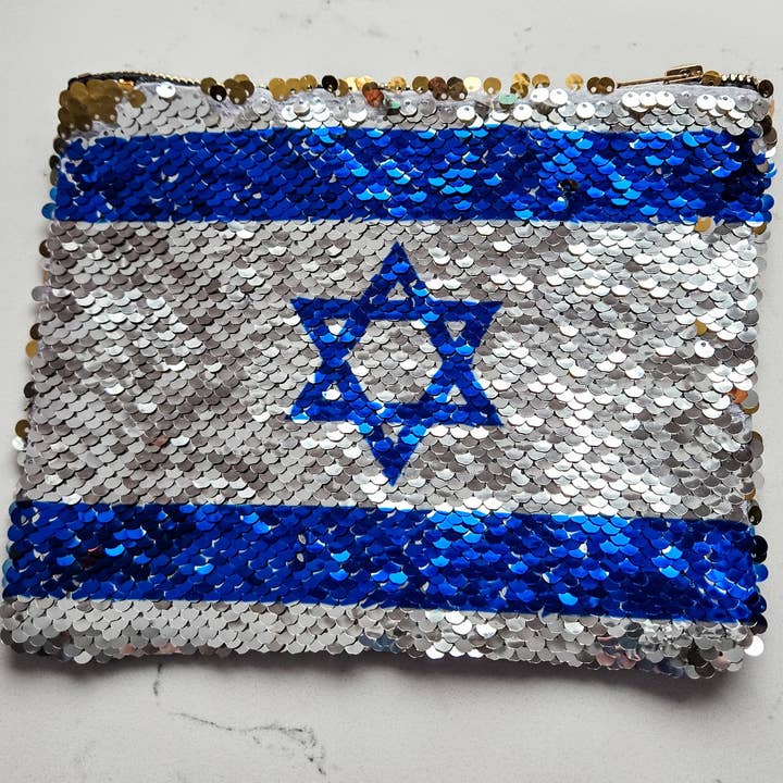 Israeli Flag Sequined Secret Message Cosmetic Bag for wholesale by Salt Sparkle Shalom