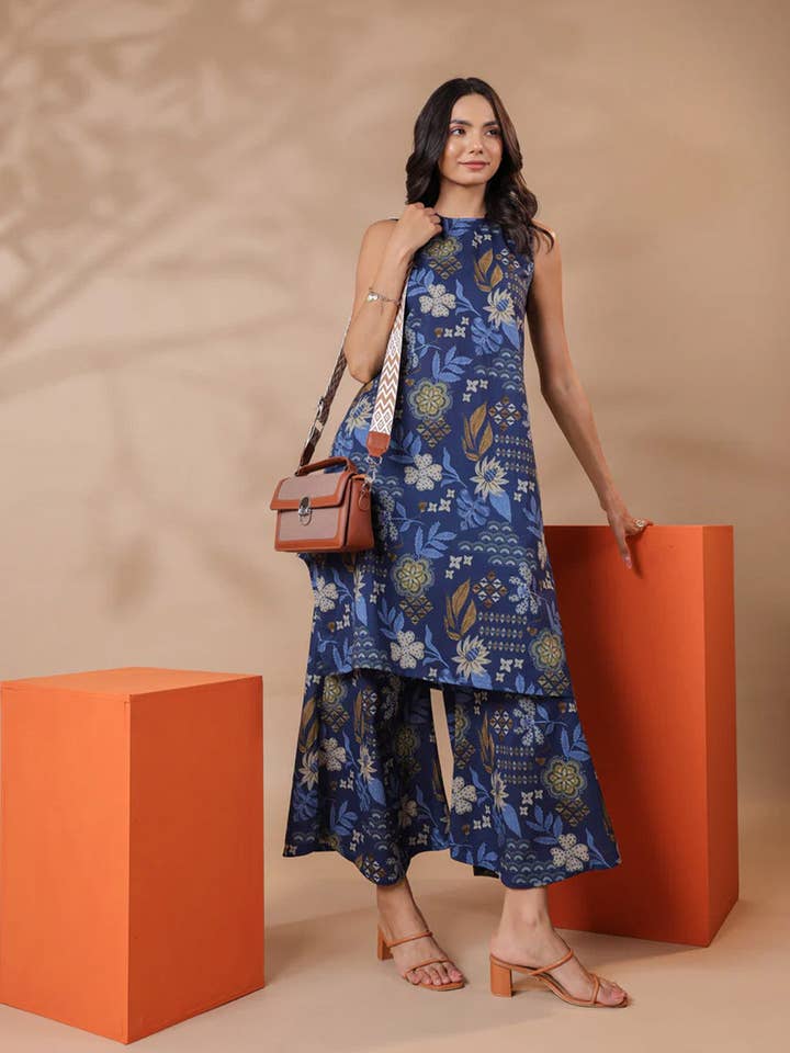 Jaipur Morni USA - Wholesale Top & Pant Set (NOT Loungewear) - Women's - Navy Blue Printed Sleeveless Cotton Kurta & Pants Set2