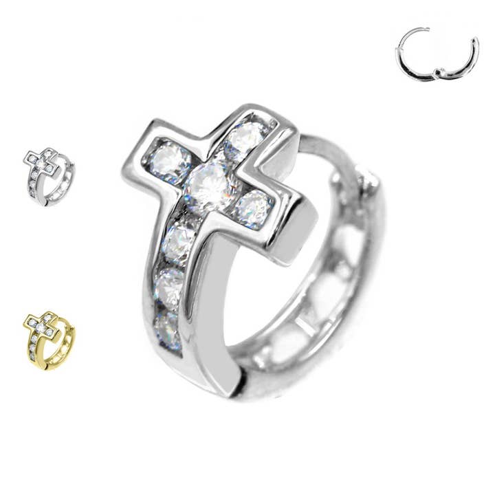 Awaken - Wholesale Single Earring - Cross Ear Piercing with Crystals - PO-413