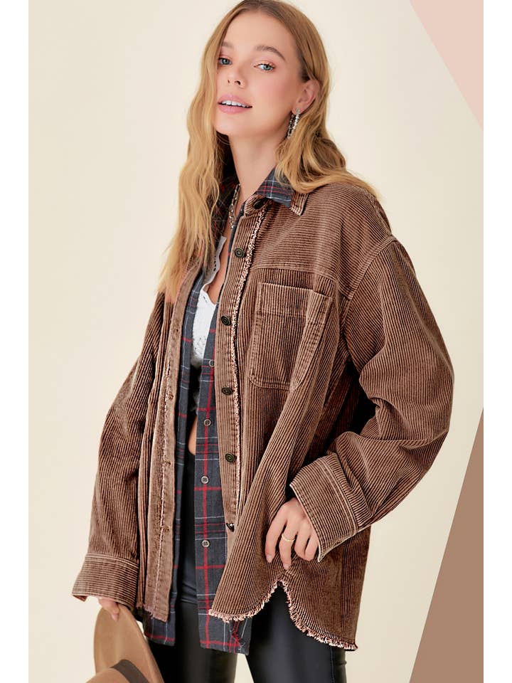 La Miel - Wholesale Shirt Jacket/Shacket - Women’s - JKT1727-Oversized Washed Fabric Corduroy Button Down Jacket5