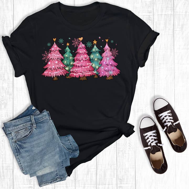 Retro Pink Christmas Trees Graphic Tee for wholesale by Rebel Rose