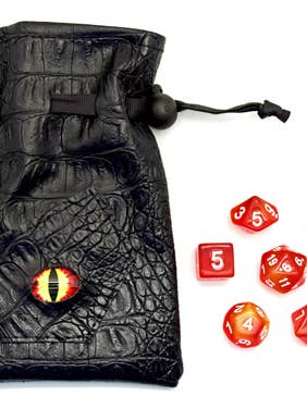 7 gaming dice in a black embossed bag with an eye on the bag for wholesale by Fantasy Gifts