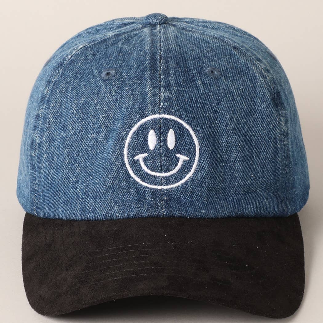 Fashion City - Wholesale Baseball Cap - Women's - Happy Face Embroidered Black Visor Denim Cap0