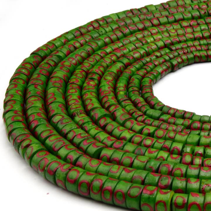 Only Beads - Wholesale Beads - Batik Heishi Bone Beads | Painted Green with Red Design
