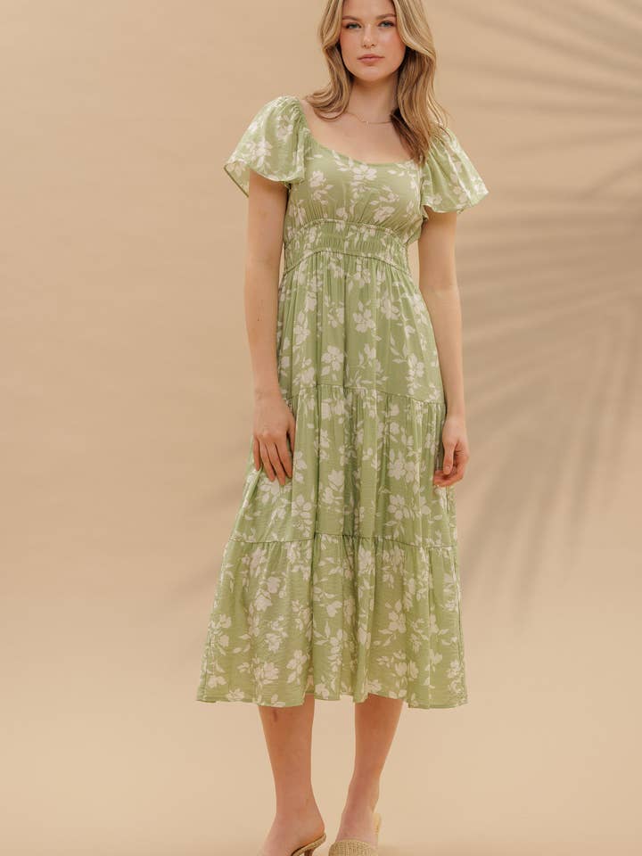 Blu Pepper - Wholesale Dress - Women's - FLORAL SCOOP NECK FLOUNCE SLEEVE TIERED MIDI DRESS