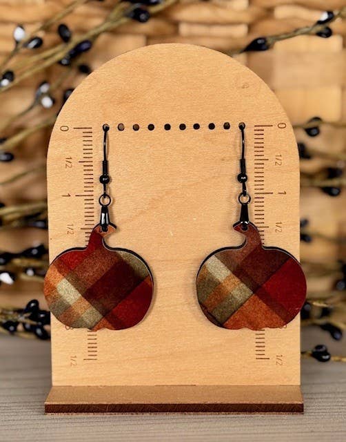 SHY Designs, LLC - Wholesale Dangle Earrings - Fall Plaid Pumpkin Earrings - Autumn Plaid Pumpkin Shaped 0