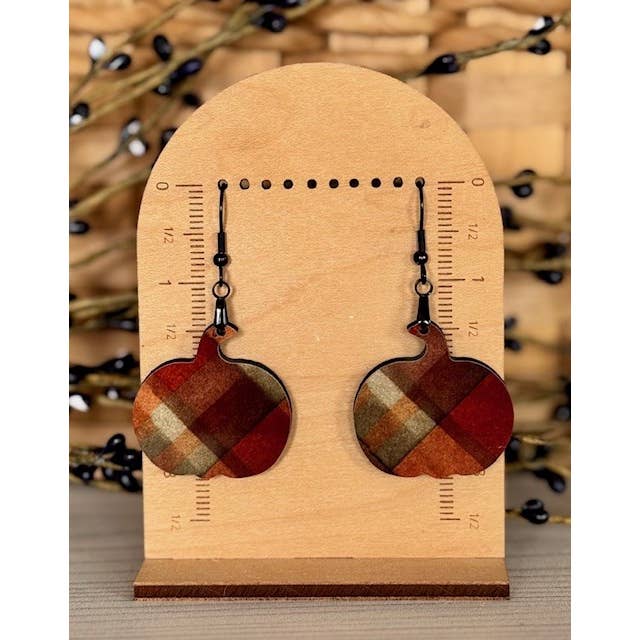 SHY Designs, LLC - Wholesale Dangle Earrings - Fall Plaid Pumpkin Earrings - Autumn Plaid Pumpkin Shaped