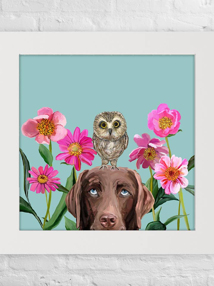 Dogs and Birds - Chocolate Lab on Blue Happy Square™ for wholesale by Cathy Walters Art