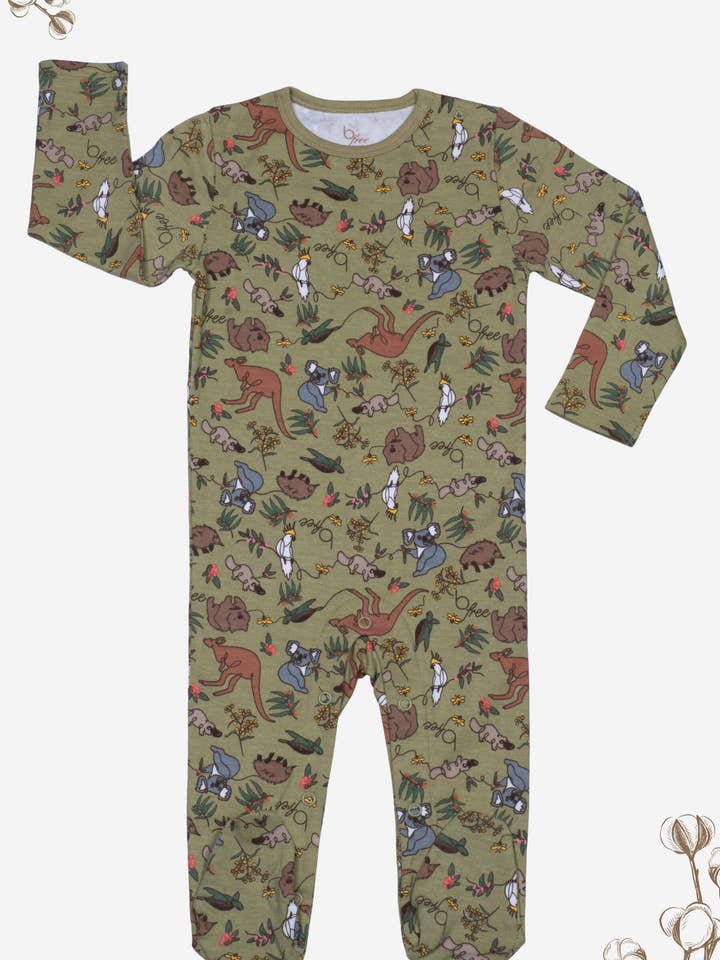 Pijama con botones a presión para bebés y botines, 100% algodón orgánico, caqui, animales australianos nativos para venta al por mayor de B Free AUSTRALIA