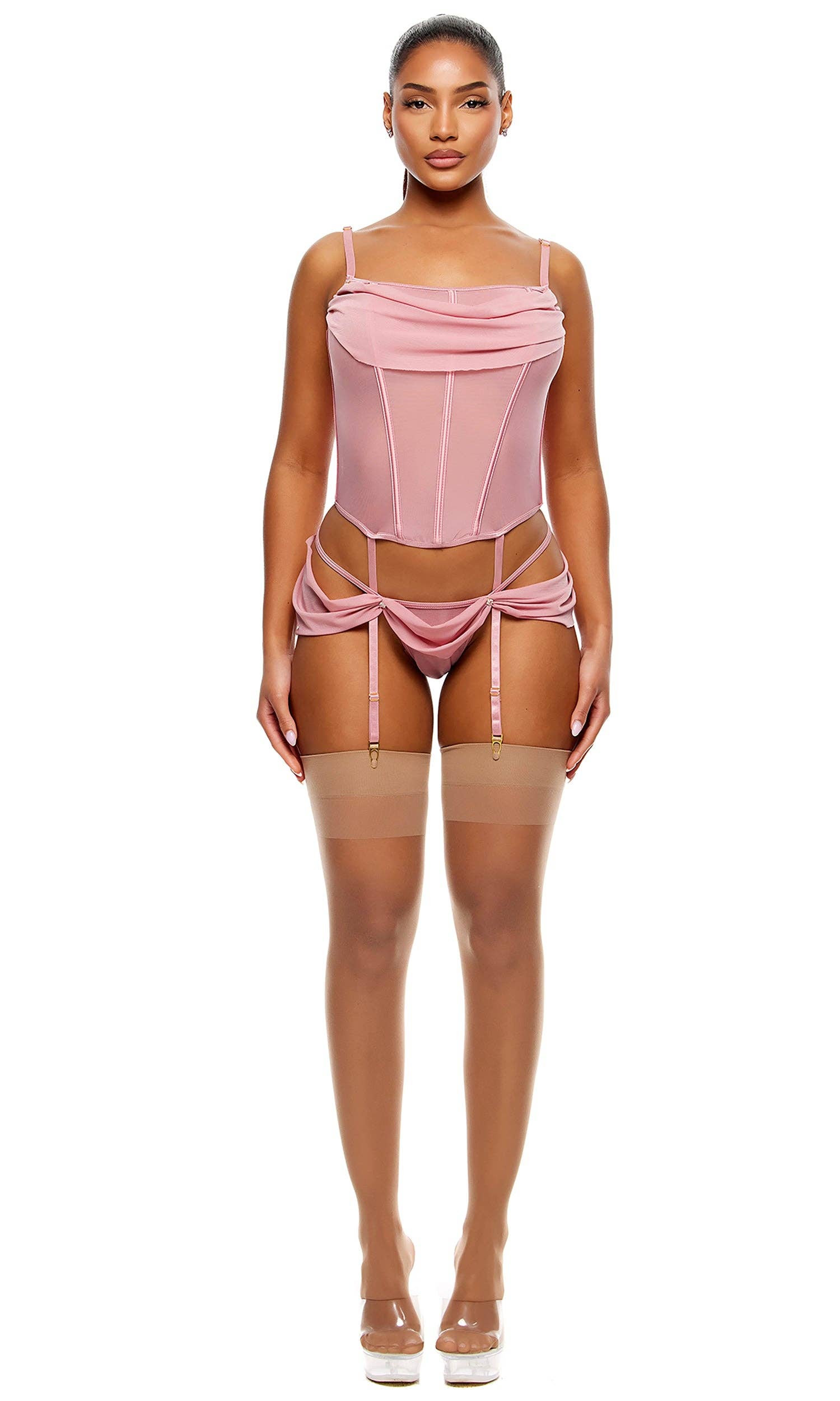 Princess Treatment Draped Mesh Bustier Lingerie Set - Mauve for wholesale on Faire0