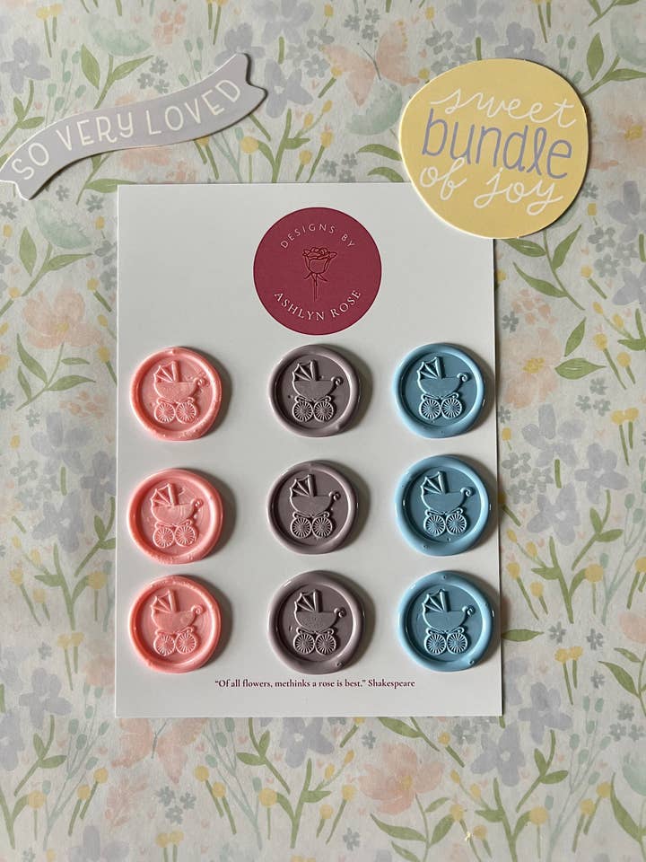 Baby Carriage Wax Seals: Adhesive Baby Shower Invitations for wholesale by Designs by Ashlyn Rose