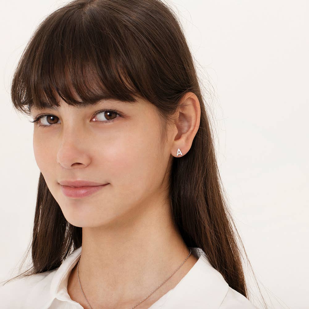 In Season Jewelry - Wholesale Earrings - Kids - CZ Letter Initial Girls / Kids Earrings - Sterling Silver12