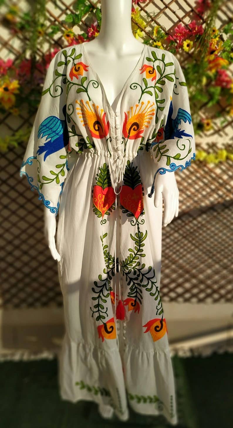 TABITHA - Vente Robe – femme - Robe cœur style bohème en coton avec broderie mexicaine5