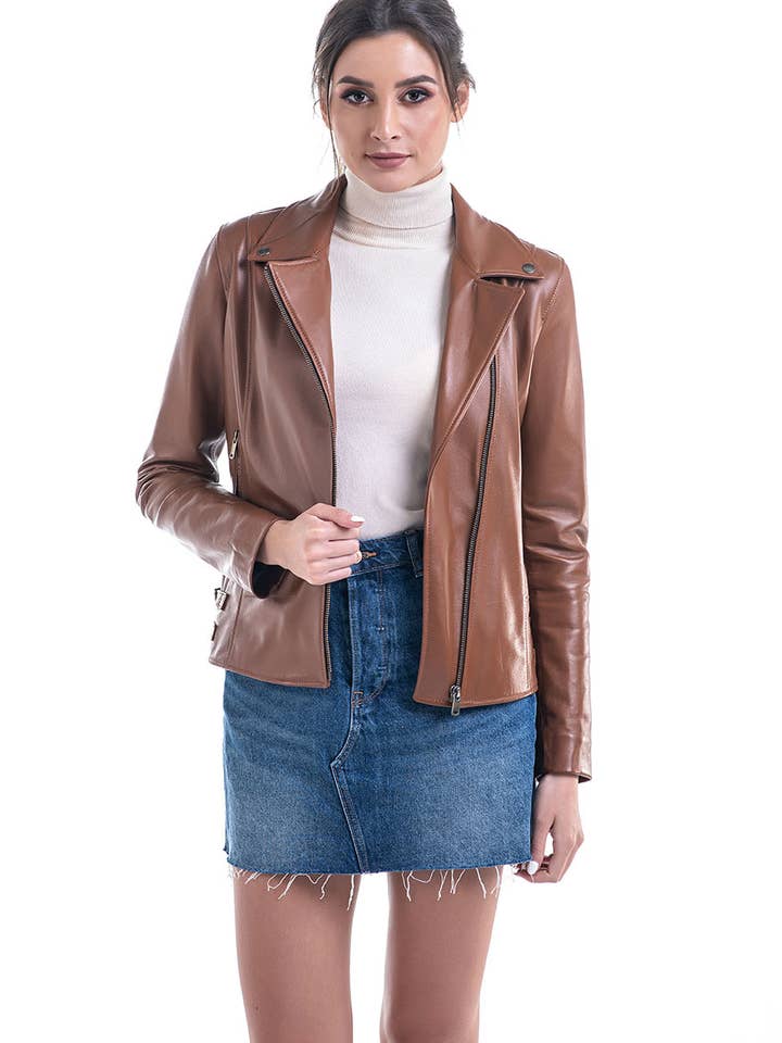 Cognac Genuine Sheepskin Jacket with Diagonal Zipper for wholesale by Buy Me Fur