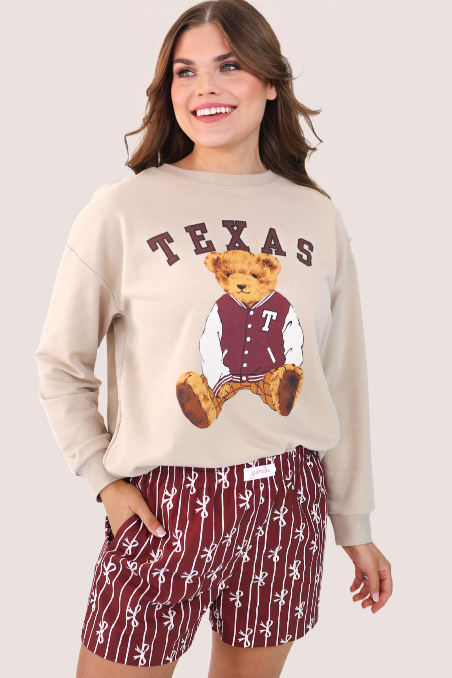 Neutral Benny The Bear Texas Pullover- Maroon for wholesale on Faire6