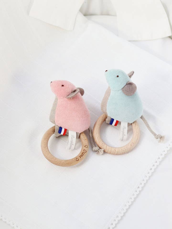 Mouse Ring Rattle - Blue and Pink for wholesale by pamplemousse peluches
