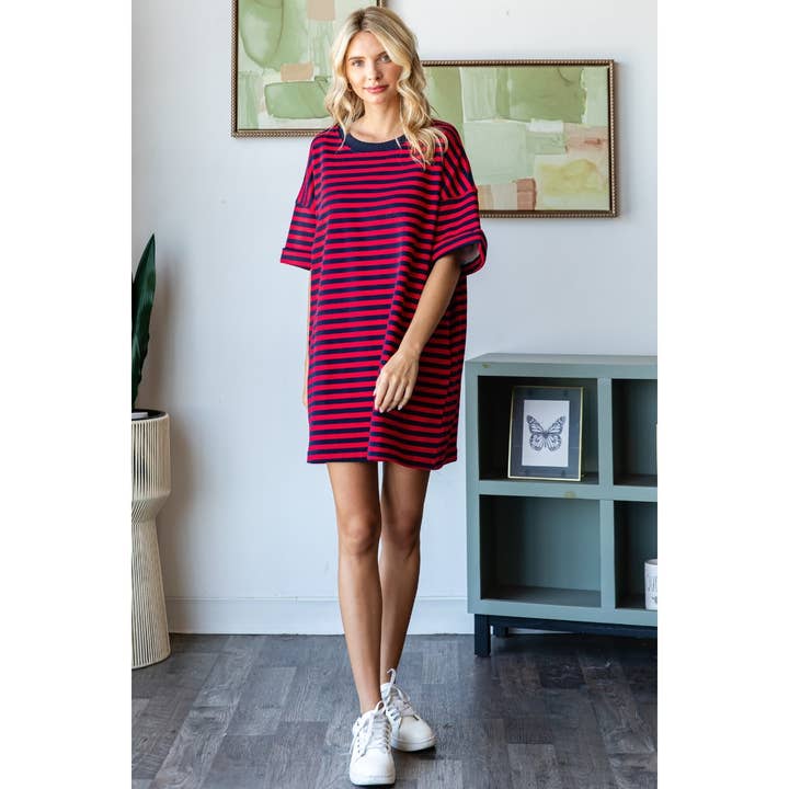 Veveret - Wholesale Dress - Women's - Stripe Knit Pullover Oversized Tee Dress