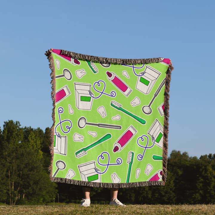 3dRose - Wholesale Throw Blanket - 3dRose, Cute Dentist Dental Hygienist Print Green, Blanket1