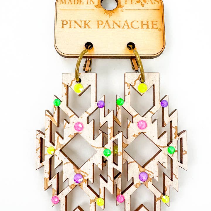 Pink Panache Brands – wholesale Dangle earrings – Wood Aztec shape earring with Austrian crystals1