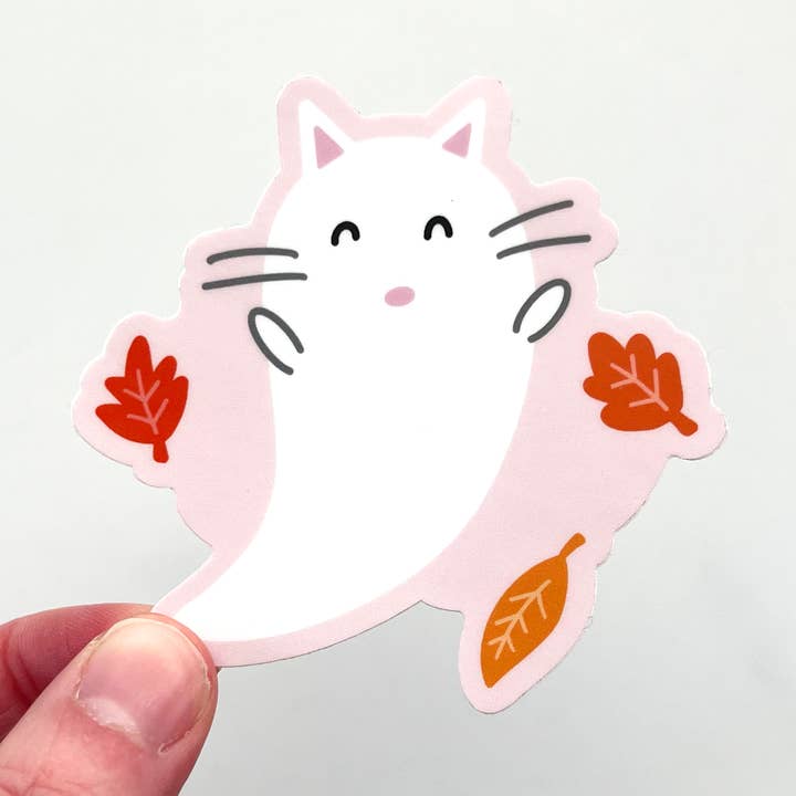 Ghost Cat Leaf Sticker for wholesale by Keegsie Designs