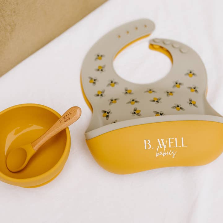 Honey Bee 4 Pcs Set | Two Silicone Bibs, Bowl, & Spoon for wholesale by B. Well Babies