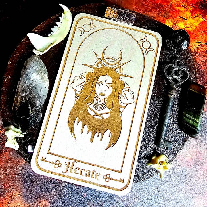 Hecate Deity Card Laser Engraved Wood Altar Card for wholesale by Prism Moon Designs