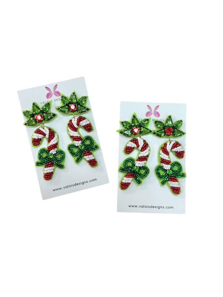 Candy Cane Bow Beaded Earrings for wholesale by Valois Designs