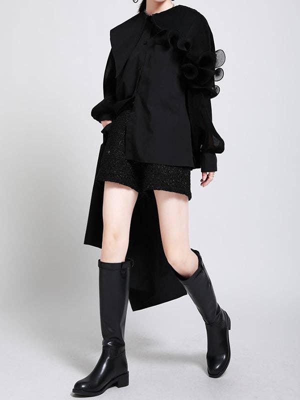 VividLux - Wholesale Blouse - Women's - Long Sleeves Loose Asymmetric Pleated Solid Color Split-Joint Falbala Lapel Blouses&Shirts Tops15