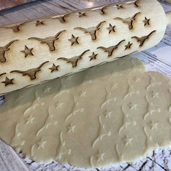 Longhorn Laser Engraved Rolling Pin, Holiday Themed, MADE IN OKLAHOMA for wholesale by Scissortail Meadows