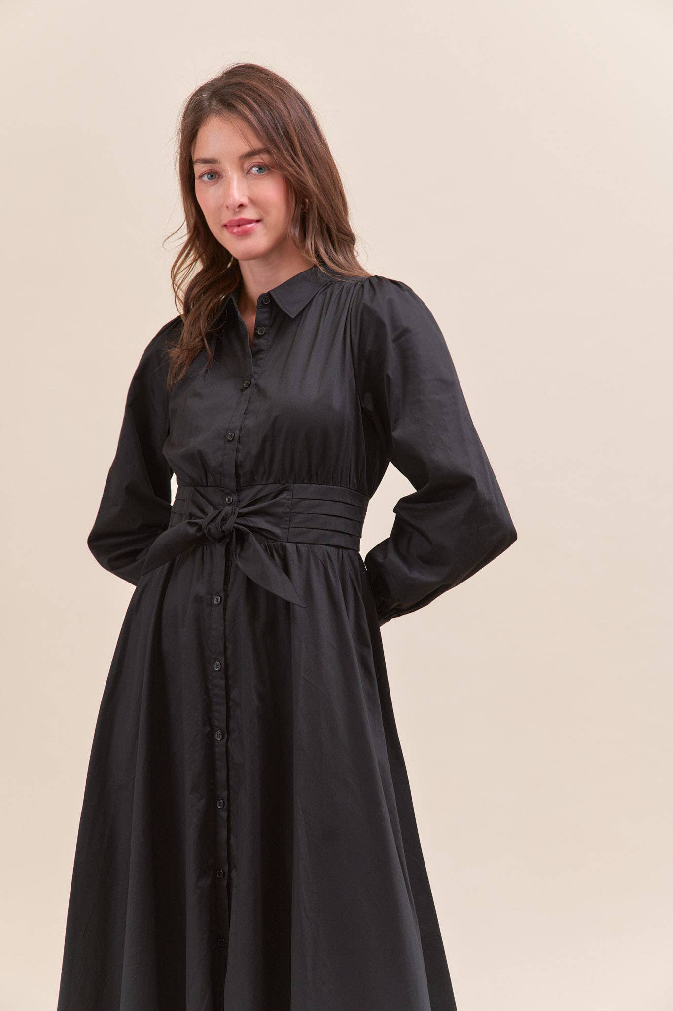 &MERCI - Wholesale Dress - Women's - PINTUCK WAIST TIE FRONT MIDI DRESS MDR421912