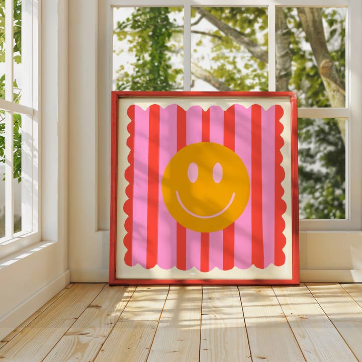 Kate Fox Design - Wholesale Art Print - Red Stripe Smiley, Dopamine Decor, Maximalist, Colourful