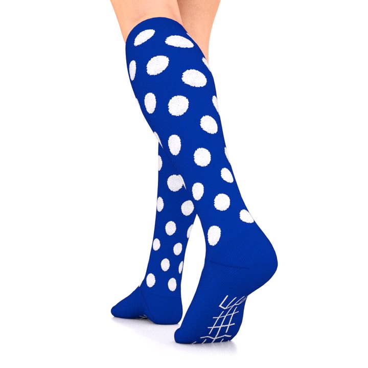Compression Socks Unisex | Medium Compression | Blue with White Polka Dots Elite for wholesale by Go 2 Socks